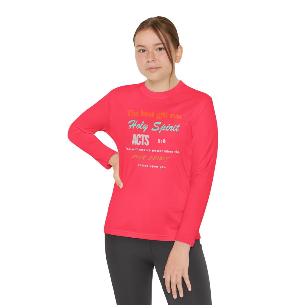 Youth Long Sleeve Tee - "The Best Gift Ever Holy Spirit" Christian Faith Shirt (Back SHILOHNITE)