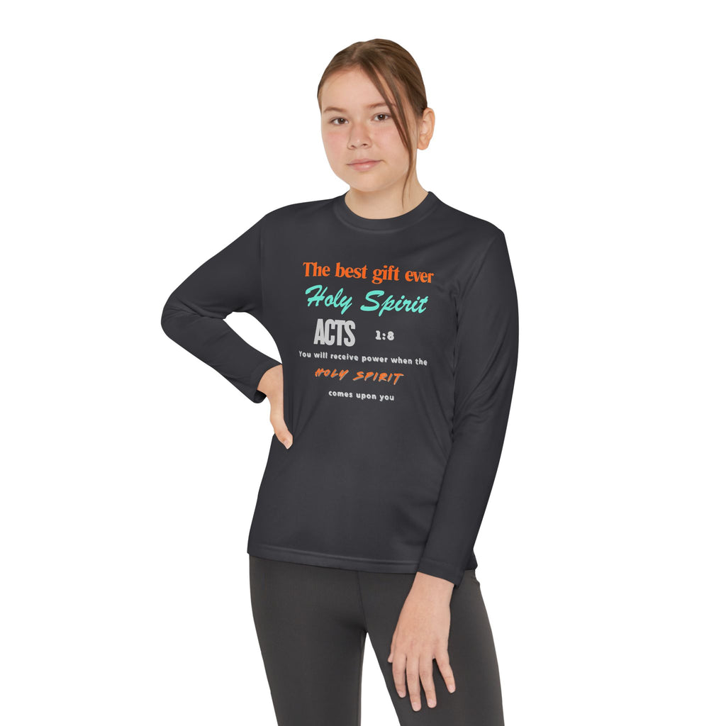 Youth Long Sleeve Tee - "The Best Gift Ever Holy Spirit" Christian Faith Shirt (Back SHILOHNITE)
