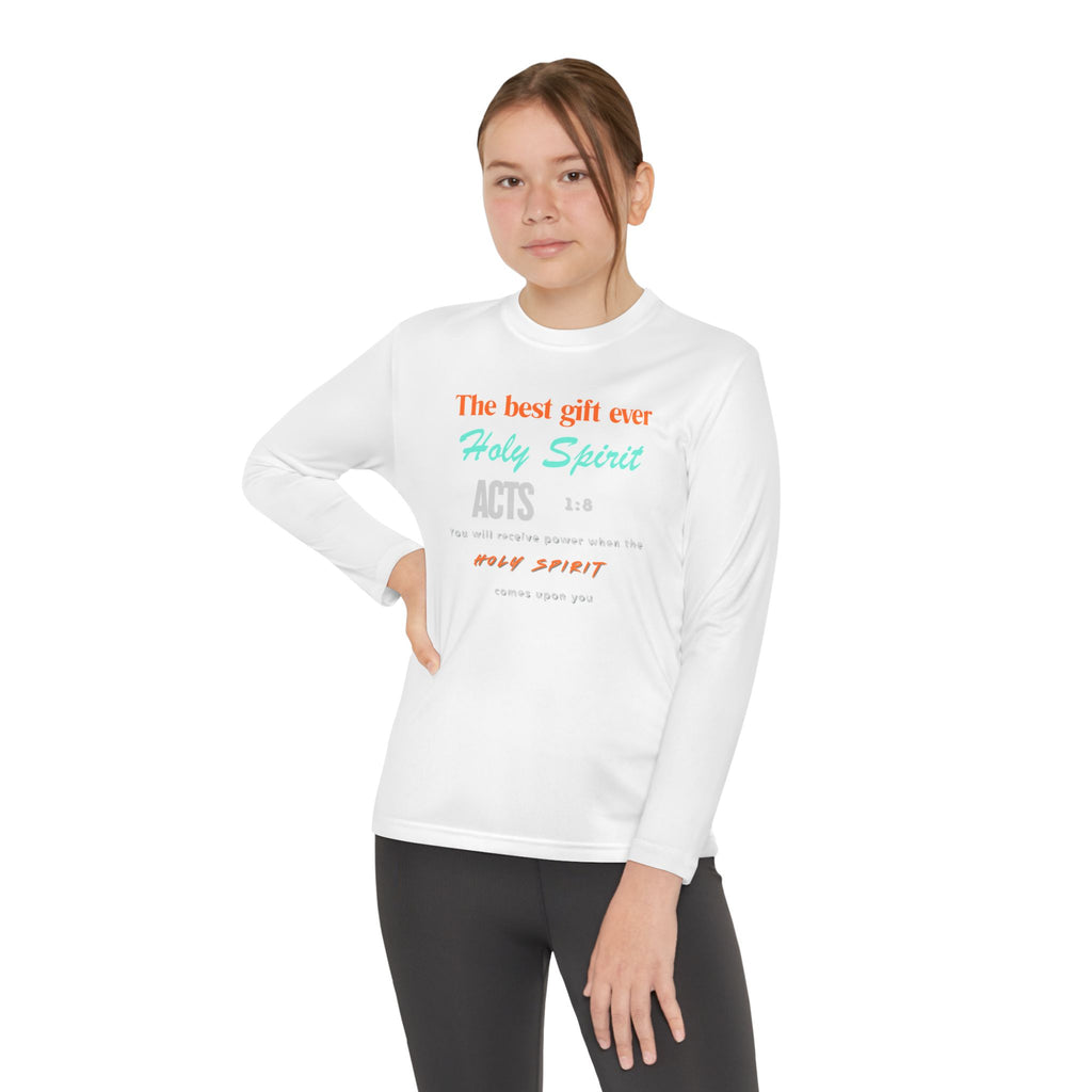 Youth Long Sleeve Tee - "The Best Gift Ever Holy Spirit" Christian Faith Shirt (Back SHILOHNITE)