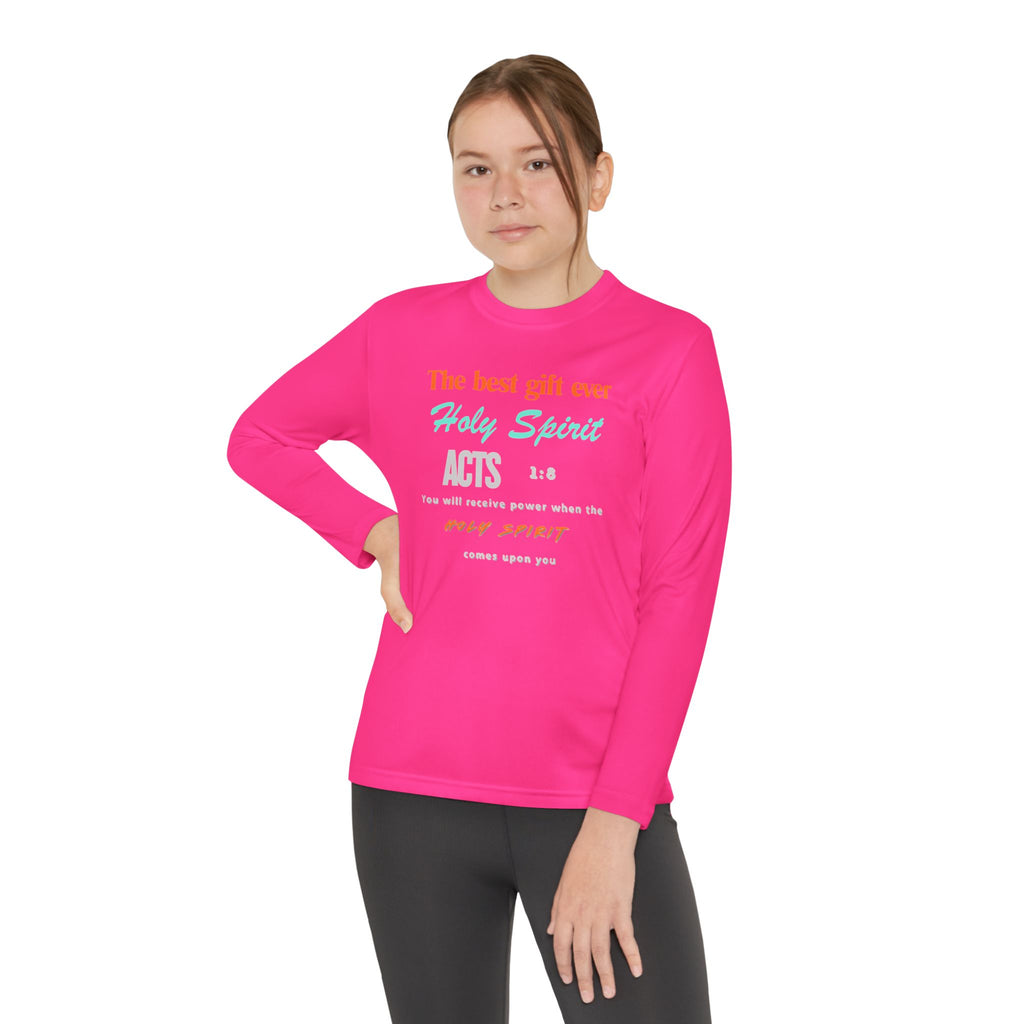 Youth Long Sleeve Tee - "The Best Gift Ever Holy Spirit" Christian Faith Shirt (Back SHILOHNITE)