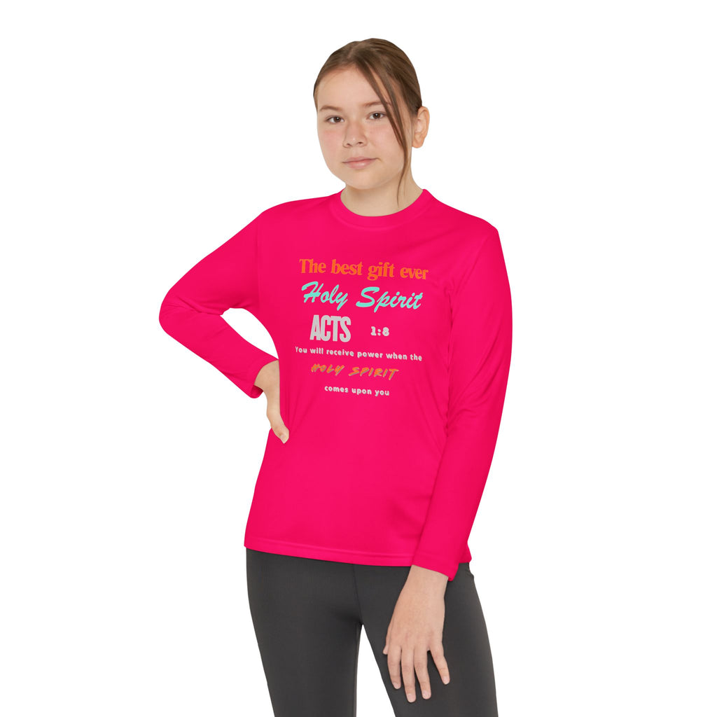 Youth Long Sleeve Tee - "The Best Gift Ever Holy Spirit" Christian Faith Shirt (Back SHILOHNITE)