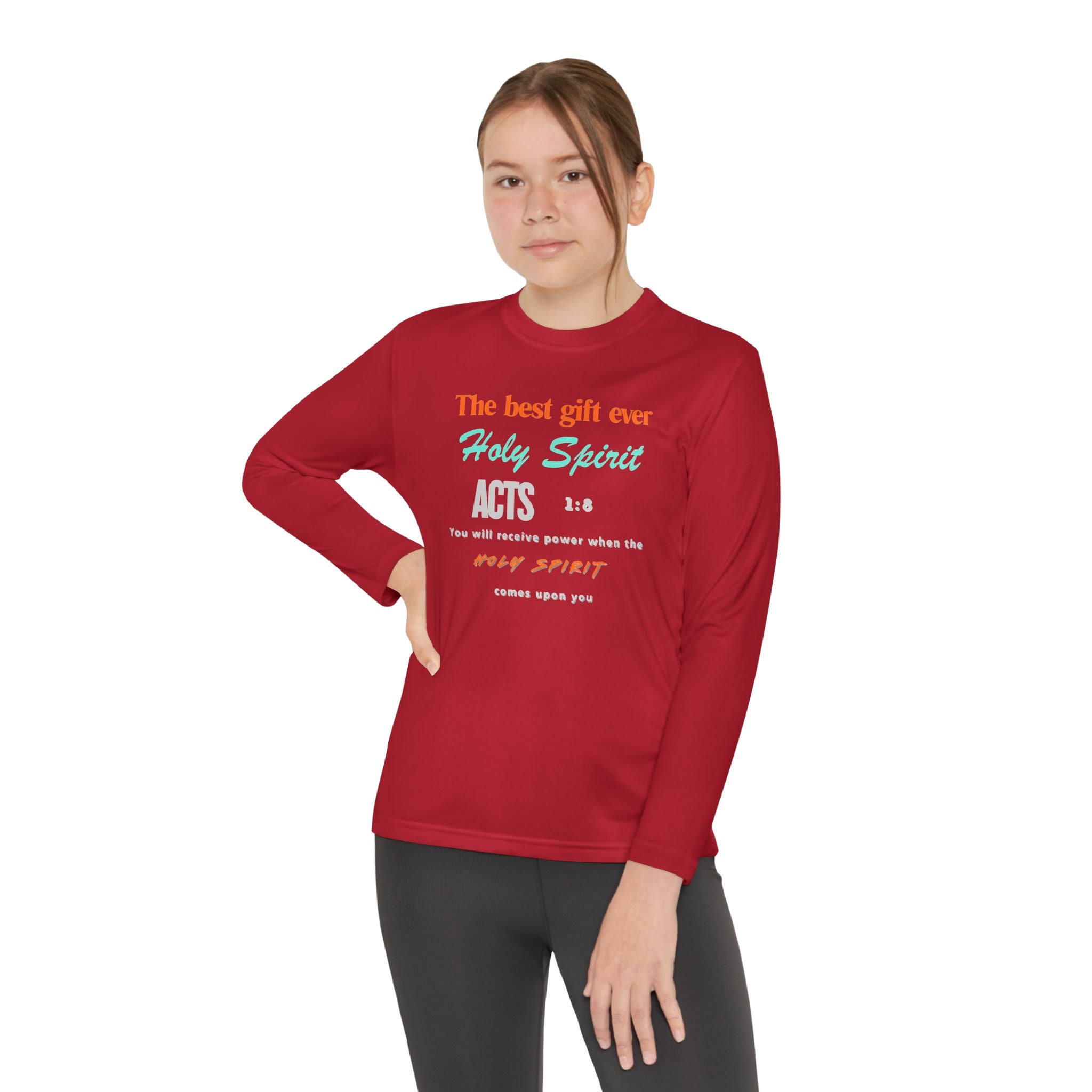 Youth Long Sleeve Tee - "The Best Gift Ever Holy Spirit" Christian Faith Shirt (Back SHILOHNITE)