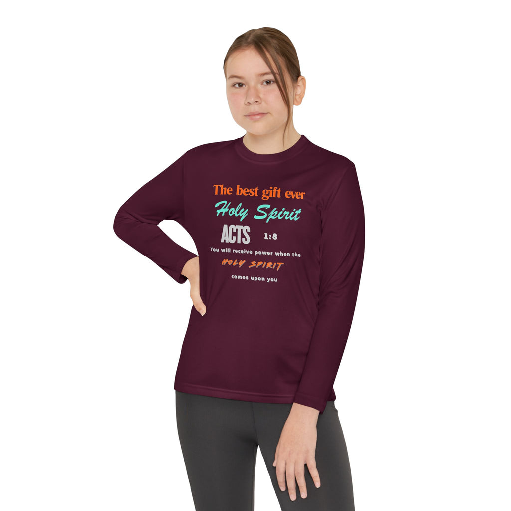 Youth Long Sleeve Tee - "The Best Gift Ever Holy Spirit" Christian Faith Shirt (Back SHILOHNITE)