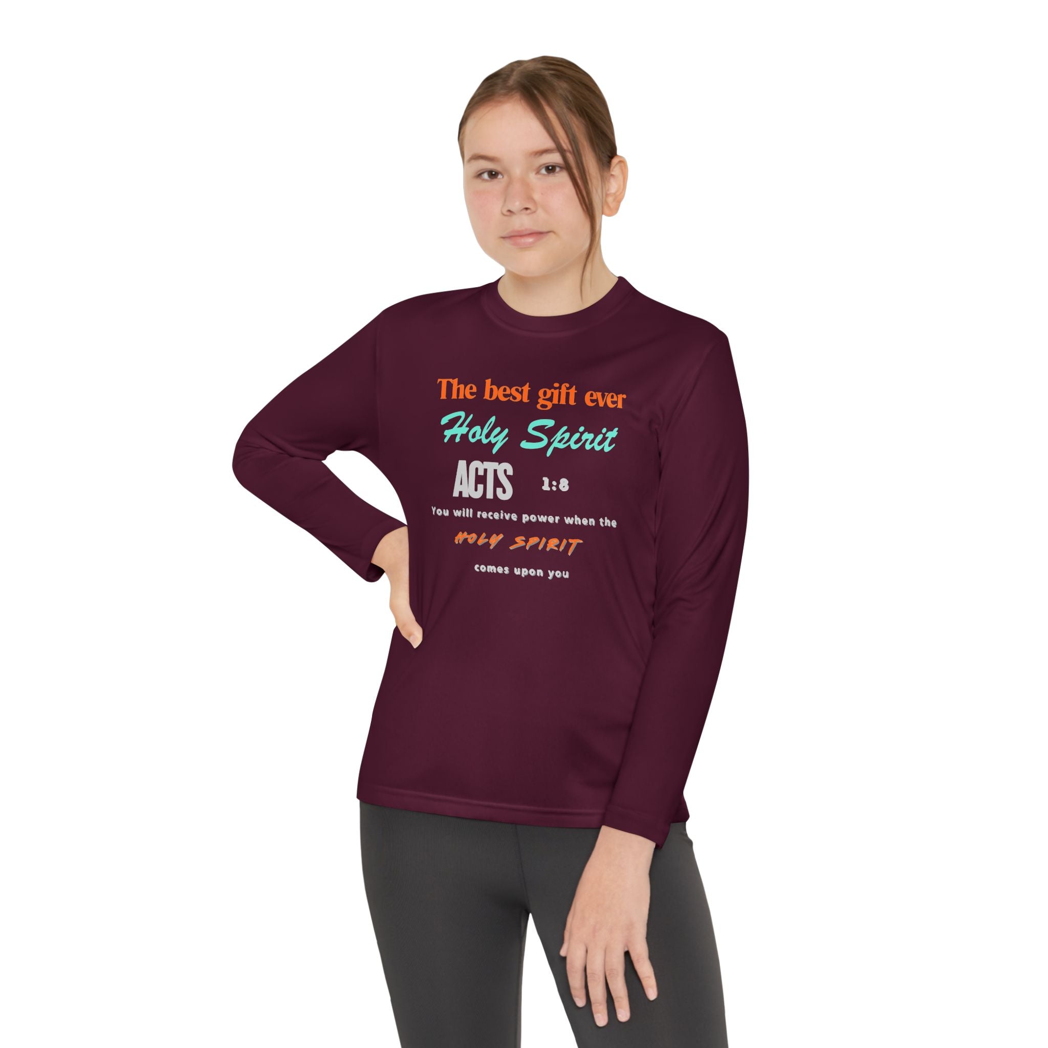 Youth Long Sleeve Tee - "The Best Gift Ever Holy Spirit" Christian Faith Shirt (Back SHILOHNITE)